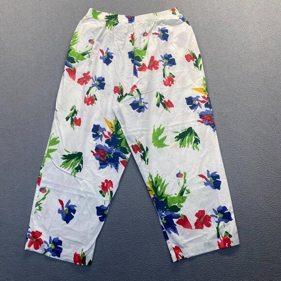 Womens Pull on Capri‎ Elastic Waist Red White Blue Floral Pants Large,Pockets - Picture 2 of 12
